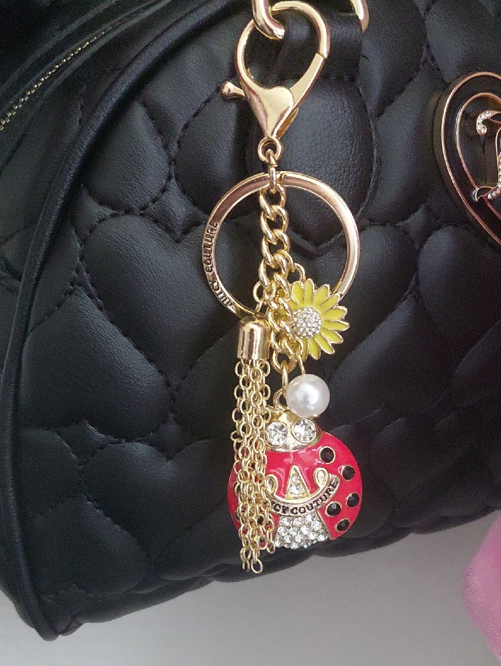Juicy Couture Gold-tone Charm Keychain with Red Ladybug and Yellow Flower
